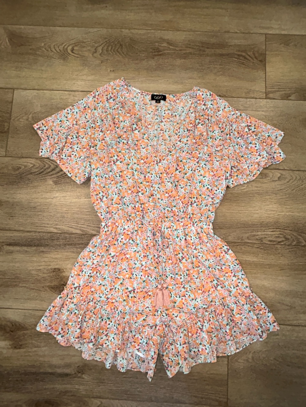 GOGO Peach Floral Romper with Tassel Tie